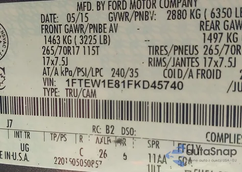 2015 Ford F-150 Xlt из США, поврежденный, VIN 1FTEW1E81FKD45740